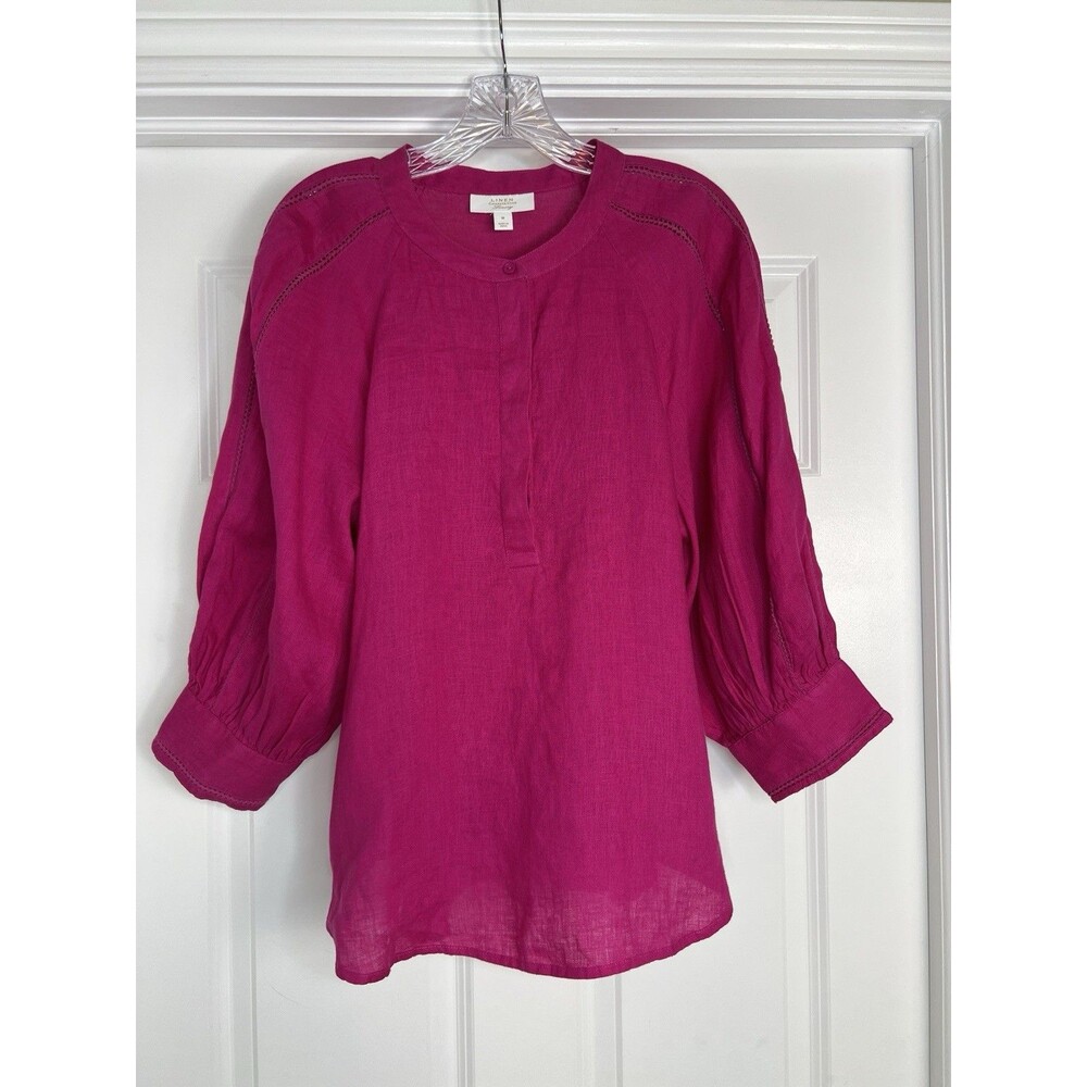 New Charter Club Womens Linen Blouse Crochet Balloon Sleeve Top Sz M  Pink Tutu
